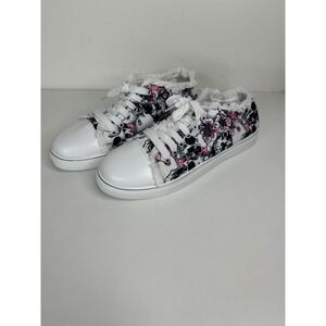 Womens Skull Floral Low Top Sneakers White Pink Lace Up Frayed Trim Size 41